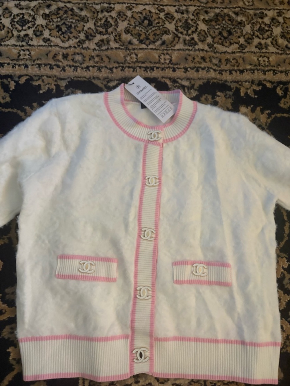 Designer Style White and Pink Short-Sleeve Fuzzy Cardigan with CC Buttons